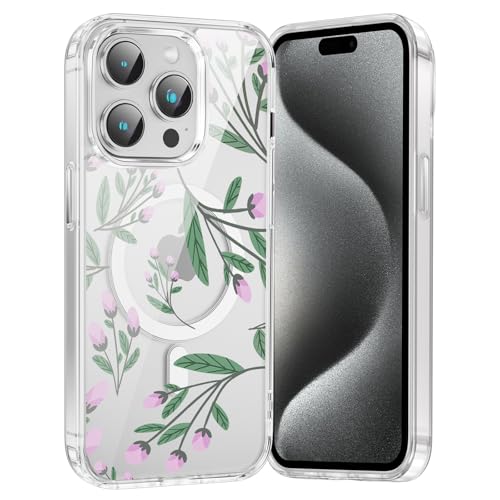 for iPhone 16 Pro Max Magnetic Case Cute Clear Flower Pattern Case, Aesthetic Spring Floral for Girls Women, Soft TPU Clear Slim Anti-Drop Shockproof Protective Phone Cover - Green Flower - color: Green Flower, size: iPhone 16 Pro Max