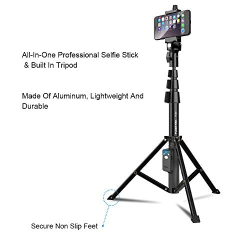 Fugetek 62" Professional Selfie Stick Tripod, 100% All Aluminum Stick & Legs, Lightweight, Detachable Bluetooth Remote, Portable All in One, Compatible with iPhone & Android, Non Skid Feet, Black - style: Tripod