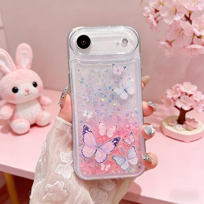 Compatible with iPhone Air Glitter Butterfly Case Glow in The Dark Women Girls Girly Bling Sparkle Flowing Quicksand Light up Soft TPU Bumper Luminous Clear Phone Cover, Purple - color: Pink, size: iPhone Air