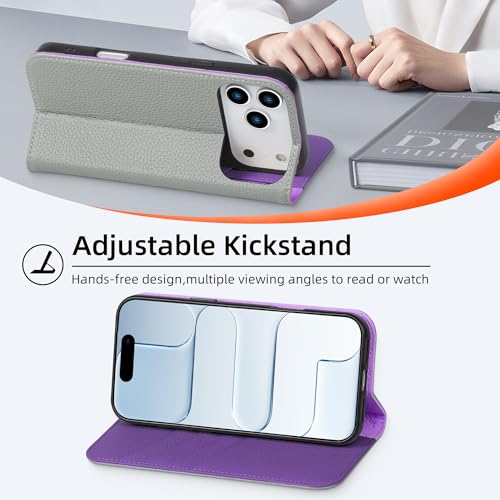 VISOUL Pebbled Leather Wallet Case for iPhone 17 Pro Max 6.9" 2025, Genuine Leather Flip Folio Cover with RFID Blocking Card Holders, Kickstand, Soft TPU Protective Flip Cover -Gray+Purple - color: Gray+Purple