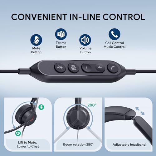 Yealink UH44 USB Headset, Teams Certified, 2 Mics, USB-C/A,in-Line Controls