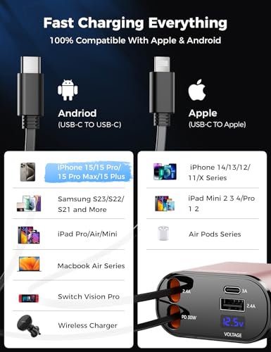 [Upgraded] SUPERONE Retractable Car Charger 4 in 1 Fast Phone Charger - color: Pink