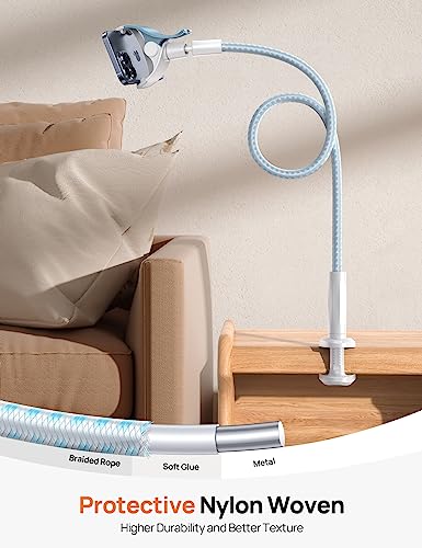 Aomiker Gooseneck Phone Holder for Bed - [Upgrade Nylon Braid] 38” Flexible Lazy Arm Clip, 360 Adjustable Overhead Phone Mount for iPhone 16 15 14 13 12 11 Pro Max Mini Plus, 4-7" Cellphone - White - color: White