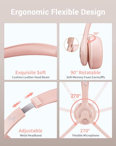 JIAMQISHI Pink Wireless Bluetooth Headset 5.2, AI Noise Cancelling Mic Headphones with USB Dongle Mute for Laptop & Cell Phones - color: Pink