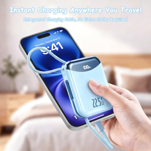 10000mAh Portable Charger with Built-in USB-C & Light-ning Cables, 22.5W Fast Charging Power Bank, Travel Battery Pack with LED Display for iPhone Samsung Android – Flight Approved - color: Cyan