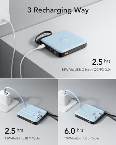 VRURC Portable Charger for iPhone with Built-in Cable, 10000mAh 22.5W Fast Charging USB C Battery Pack, Cell Phone Power Bank for iPhone 17 16 15 & Samsung Galaxy Series (Blue) - color: Blue