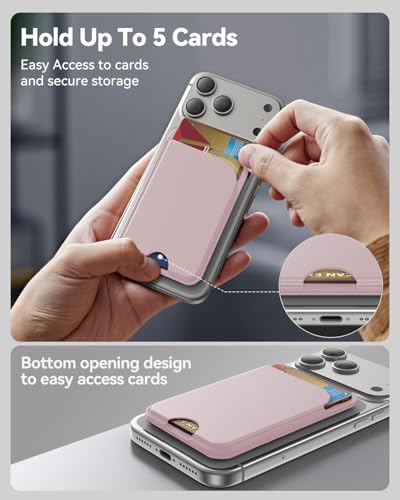 TWZKG for MagSafe Wallet, 5 Cards Holder with Stand, Magnetic Phone Wallet Stand for iPhone 17/16/15/14/13/12 Pro Max Air Plus Series, RFID Blocking Vegan Leather,Pink - color: Pink