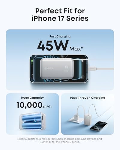 Anker Nano Power Bank, 45W 10,000mAh Portable Charger, iPhone Battery Pack (White) - color: White