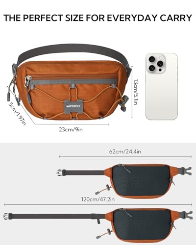 WATERFLY Small Fanny Pack RFID Blocking Travel Hiking Crossbody Waist Bag | Anti-theft design, Water resistant, Lockable zipper, Hidden rear pocket, Lightweight hip belt bag, EDC Running, Cycling, Gym - color: Brown