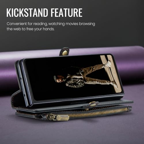 Defencase for Samsung Galaxy Z Fold 6 Wallet Case with Card Holder, Black | Durable Soft PU Leather, RFID Blcking Zipper Pocket, with S-Pen Holder & Strap, Flip Phone Cases with Stand for Women Men - color: Black