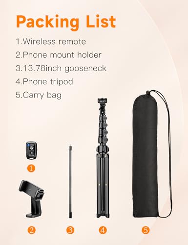 Phone Tripod, 86" Tall Tripod for iPhone with Flexible Gooseneck & Remote, Portable Aluminum Cellphone Stand for Selfies, Video Recording,Travel, Compatible with iPhone Android (Pack of 3) - size: 86 inch (Pack of 3)