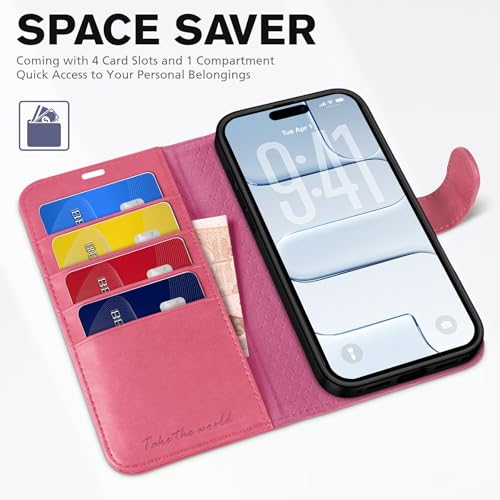 TUCCH Wallet Case for iPhone Air (6.5") 2025, Flip Stand, Hot Pink | RFID Blocking, 4 Card Holders, Kickstand, PU Leather, Shockproof TPU Shell, Magnetic Closure, Protective Folio Cover - color: Hot Pink