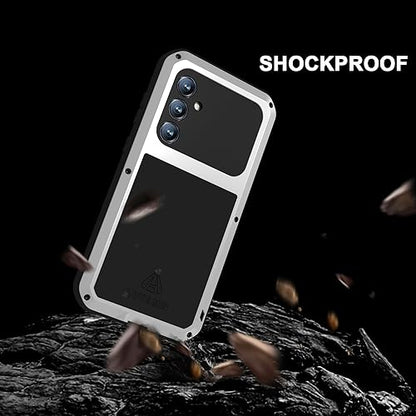 LOVE MEI Military Rugged Case for Samsung Galaxy S23 Fe, with Tempered Glass Screen Protector, Shockproof Dustproof Scratch Proof Hybrid Metal and Silicone Gel Heavy Duty Full Body Cover Silver - color: Silver