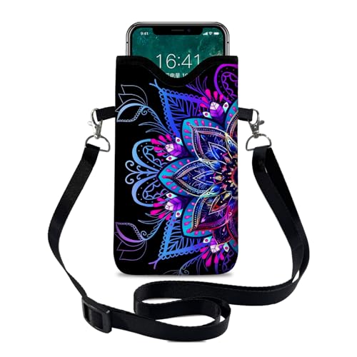 Neoprene Cell Phone Sleeve Pouch Case Bag with Crossbody Strap Neck Lanyard for Women 7.1 X 3.9 in Purple Flower - color: Purple Flower