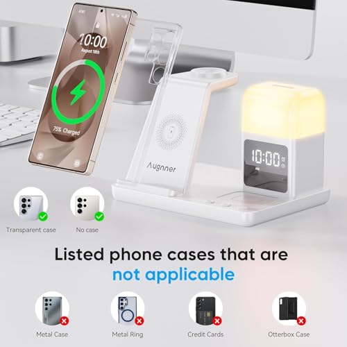 6 in 1 Wireless Charging Station for Samsung Android with Clock & Night Light,Wireless Charger Beside Clock for Galaxy S26 Ultra S25 S24,Galaxy Watch 8/7 Buds 4/3 Pro,Not for Watch 9/Ultra 2 - color: White