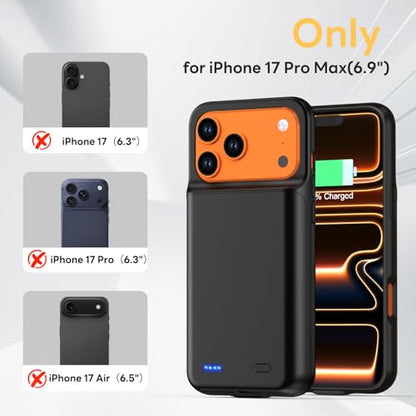 Battery Case for iPhone 17 Pro Max (6.9 inch), 7000mAh Ultra-Slim Protective Extended Charging Charger Case, 15W Fast Charging Rechargeable Battery Pack with Tempered Glass Screen Protector- Black - size: for iPhone 17 Pro Max (6.9 inch)