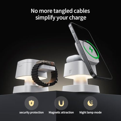 4 in 1 Magnetic Wireless Charging Station,15W Fast Charging with Adjustable Night Light,3 in 1 Wireless Charging Station for iPhone 17/16/15/14/13/12/11 Pro Max & Apple Watch,AirPods (White) - color: White