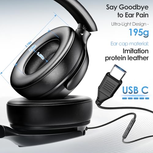 USB C Wired Headphones Active Noise Canceling Headphone Over Ear-Black - color: Black