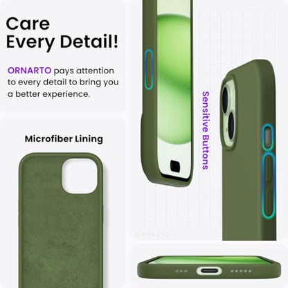 ORNARTO Compatible with iPhone 15 Case 6.1, Slim Liquid Silicone 3 Layers Full Covered Soft Gel Rubber Phone Case, Anti-Scratch Shockproof Protective Cover 6.1 Inch, Cedar Green - color: Cedar Green