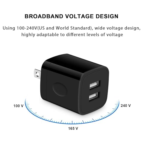 Black USB Wall Adapter, Charging Block, Dual Port 2.1A Fast Wall Charger