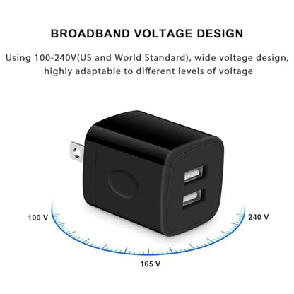 Black USB Wall Adapter, Charging Block, Dual Port 2.1A Fast Wall Charger