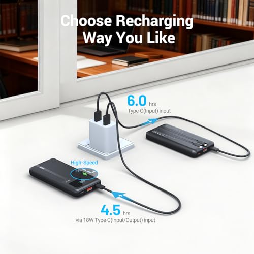 Antteez Portable Charger with Built in Cable - 10000mAh Fast Charging 22.5W Power Bank USB C LED Display Travel Battery Pack 4 Outputs & 2 Inputs for iPhone Samsung iPad Phones Tablets