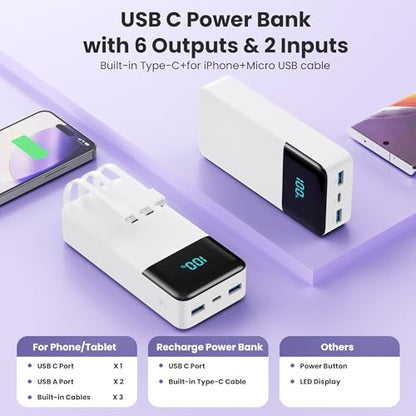 Portable Charger Power Bank 50800mAh,25W USB C Fast Charging Battery Pack with 3 Built in Cables & LED Display,6 Outputs 2 Inputs Travel Essentials Phone Charger for iPhone 18/17/16/15,Android,White - color: White