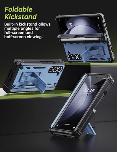 KJSK for Samsung Galaxy Z Fold 5 Case,with S Pen Holder+Belt Clip Holster+Built-in Kickstand+Hinge Protection,Heavy Duty Military Grade Drop Proof Case(Light Blue) - color: Light Blue