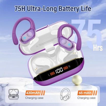 Bluetooth 5.4 Headphones Wireless Earbuds Sports, 75Hrs Bass Hi-Fi Stereo - color: Y-Starry Deep Purple