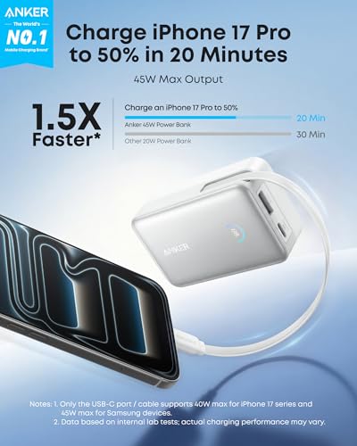 Anker Nano Power Bank, 45W 10,000mAh Portable Charger, iPhone Battery Pack (White) - color: White