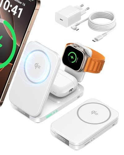 INIU 3 in 1 Foldable Wireless Charging Station, 15W Fast Mag-Safe Charger - color: White