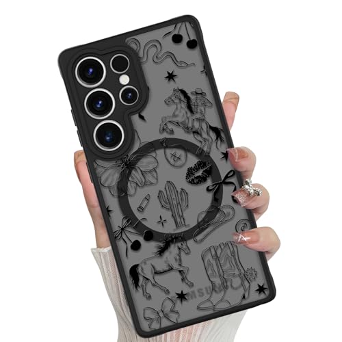 Magnetic for Samsung Galaxy S25 Ultra Case,Black Western Cowboy | Compatible with MagSafe,Cute Floral Pattern Translucent Matte Hard Back Shockproof Anti-Scratch Phone Case for Women Girls - color: Western Cowboy, size: Samsung Galaxy S25 Ultra
