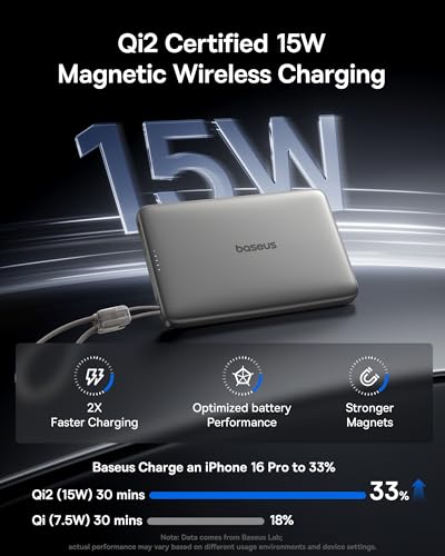 Baseus Picogo Qi2 15W Magsafe Portable Charger, 0.5" Ultra Slim 10000mAh Wireless Power Bank with 27W Built-in USB-C Cable, Magnetic Battery Pack for iPhone 17 Pro Max/17 Pro/Air/16/15/14/13/12 | 10000mAh Wireless Power Bank, 27W Fast Charging Magnetic Ba