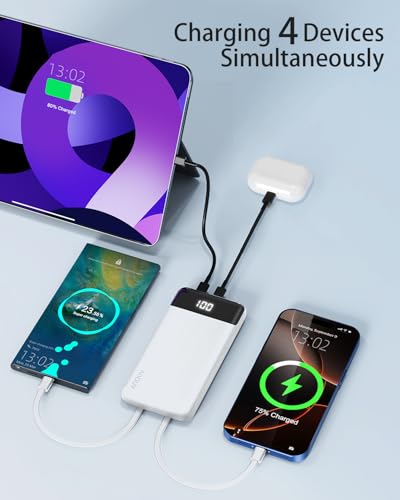 Portable Charger Power Bank w/Built-in Cables 10000mAh LED Display, White - color: White