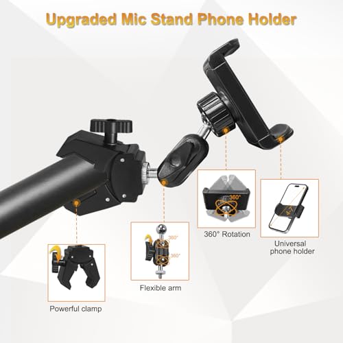 Phone Holder for Mic Stand, Treadmill, Spin Bike, Stroller, Adjustable Clamp on Phone Holder for Microphone Stand, Desk Pipe Pole Clamp Phone Mount Stands for iPhone Samsung All Smartphones (Standard) - style: Standard