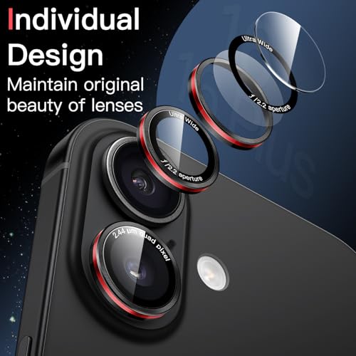 JETech Camera Lens Protector for iPhone 16/16 Plus, Black+Red, 1 Set - size: iPhone 16/16 Plus