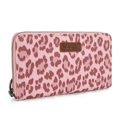 Wrangler Pink Wallet for Women Ladies Female Leopard Print Large Wristlet Wallets, Card Cases & Money Organizers Clutch Phone Wallets Western Credit Card Zipper Wallet with RFID Lining - color: Leopard-Pink