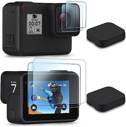 FiTSTILL Screen Protector [6 PCS] for Go Pro Hero 7(Only Black)/Hero HD(2018)/Hero 5/Hero 6, Ultra Clear Tempered Glass Screen Protector + Lens Protector + Lens Cap Cover Accessories - size: For Go Pro hero 7/6/5(Only Black)