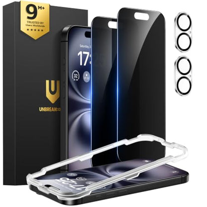 UNBREAKcable iPhone 16 Privacy Screen Protector 2-Pack, Upgraded Dual-Tempered Glass + 2 Camera Lens Protectors, 25° Anti-Spy, Military-Grade 9H+, HD Clear, Anti-Fingerprint, 6.1 Inch - size: iPhone 16