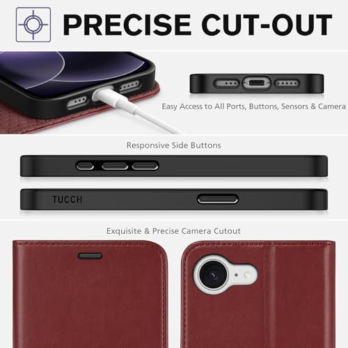 TUCCH Wallet Case for iPhone 17e & 16e (6.1"), 4 Card Slots, Dark Red | RFID Blocking, Viewing Stand, Shockproof TPU Shell, PU Leather, Magnetic Closure, Protective Folio Flip Cover - color: Dark Red