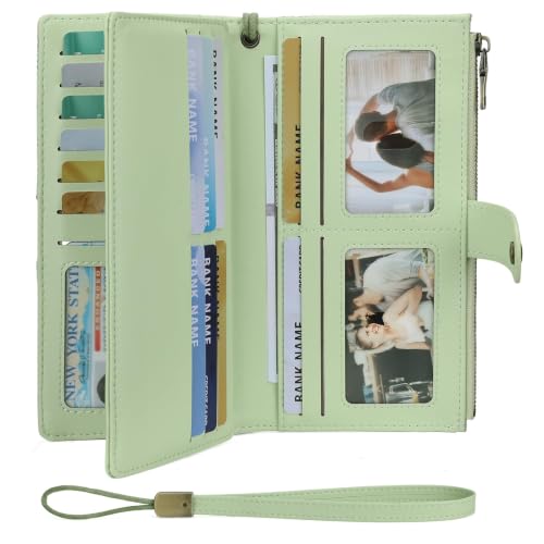 GAEKEAO Wallets for Women Leather RFID Blocking Large Capacity Card Case Ladies Wristlet Clutch Wallets Zipper Pocket with 4 ID Windows 21 Card Slots - color: Green