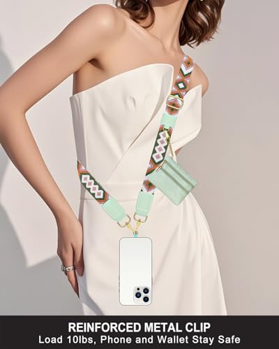 Nipichsha Crossbody Phone Strap with Wallet, Clip and Go Strap for Phone - color: Green Geometry