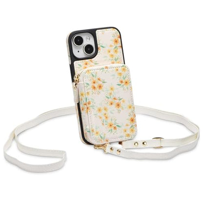 ZCDAYE Zipper Crossbody Wallet Case for iPhone 15, Sunflower | Flip Folio PU Leather, Practical Card Holder, Adjustable Lanyard Strap, RFID Blocking, Warm Sunflower Girly Phone Case - color: Sunflower, size: iPhone 15