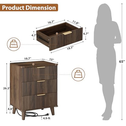Wood Nightstands Set of 2 w/Charging Station, 3 Drawers Fluted Dresser - color: Walnut, size: 3 Drawers-Set of 2 Nightstand