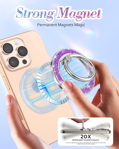Phone Ring Holder Compatible with MagSafe - Magnetic Cell Phone Grip for Women Cute Magnet Removable Finger Ring Grip Stand Glitter Bling for iPhone 17 16 15 14 13 Pro Max Plus, Purple - color: Purple