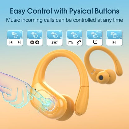 Wireless Earbuds 75H Bluetooth 5.4 Sport Headphones with Earhooks, Yellow - color: Yellow