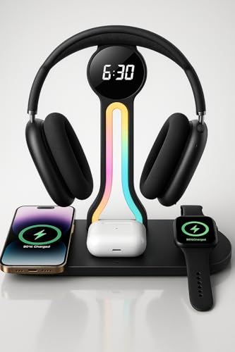 Transform Your Desk – 3-in-1 Wireless Charging Station with Headphone Stand, Dual USB Ports, 15W Fast Charger for Phone/A-irPods/A-pple Watch, RGB Light, LED Alarm Clock – Charge 5 Devices at Once