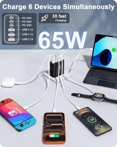 2-Pack 65W USB C Charger Block, 6-Port Fast Wall Charging Block [3 PD USB-C & 3 QC USB-A] for iPhone 17 16 15 Pro Max, iPad Pro, Galaxy S26 S25, Pixel 10 9, iWatch,Google & More - color: Black