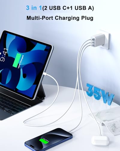 iPhone 17 Charger Block,[2Pack]3-Port Fast USB C Charger Block 35W Charging - color: White-Three Port