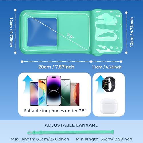 Wokyo Waterproof Phone Pouch 2 Pack, Double Space IPX8 Floating Dry Bag for 7.2" Devices Green Heavy Duty Lanyard Touchscreen Friendly Perfect for Beach & Snorkeling - color: Green+Green
